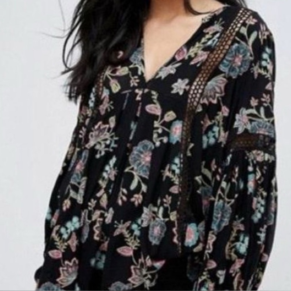 Free People Black and Blue Relaxed Ruffled Tunic
